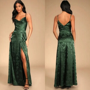 Lulus Simply Dreamy Emerald Green Satin Floral Jacquard Maxi Dress Wedding Party